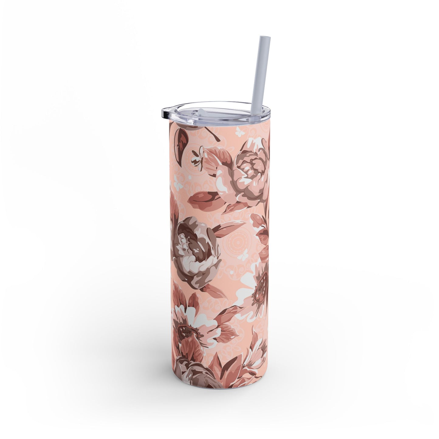 Pink floral tumbler with straw