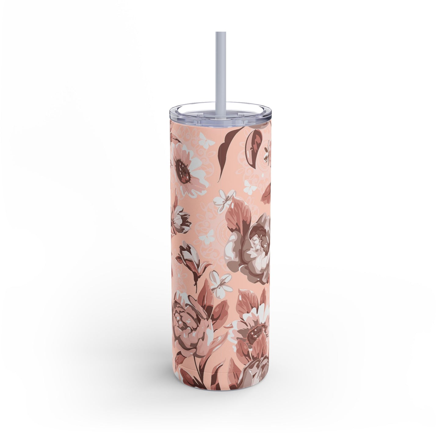 Pink floral tumbler with straw