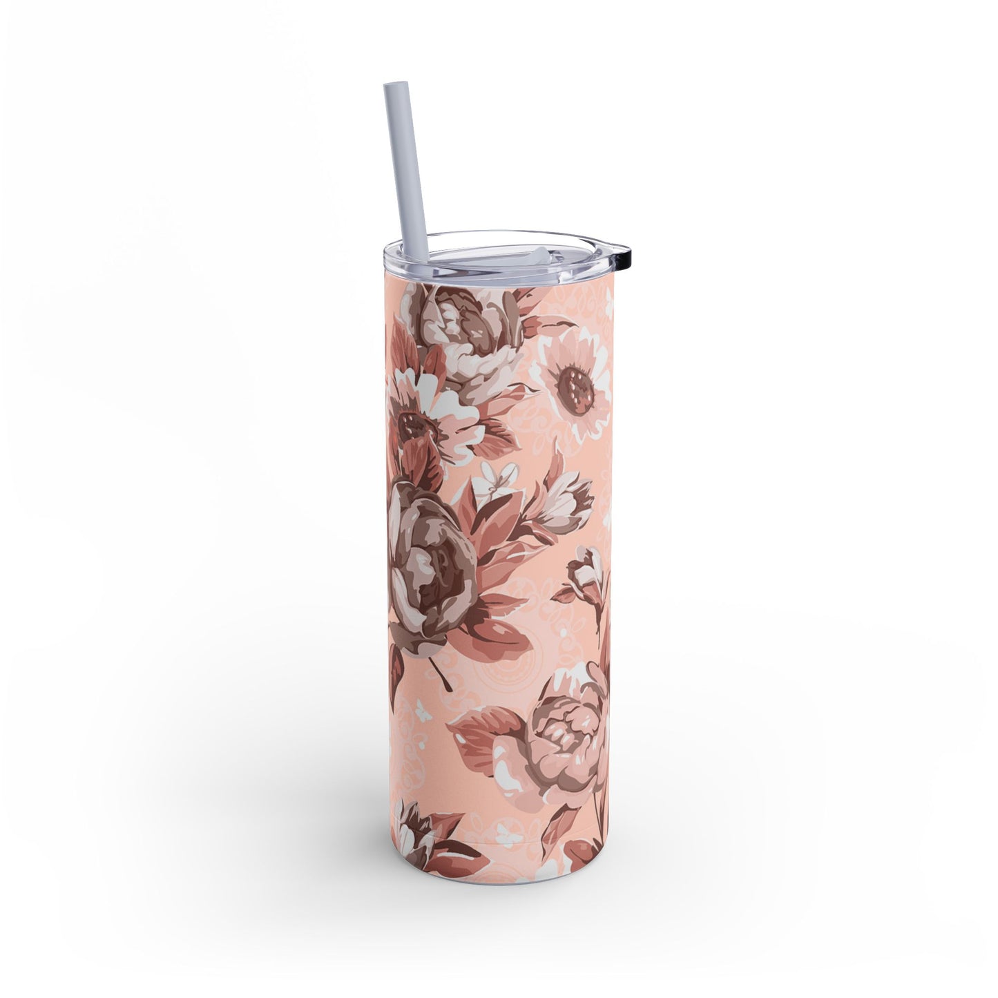 Pink floral tumbler with straw