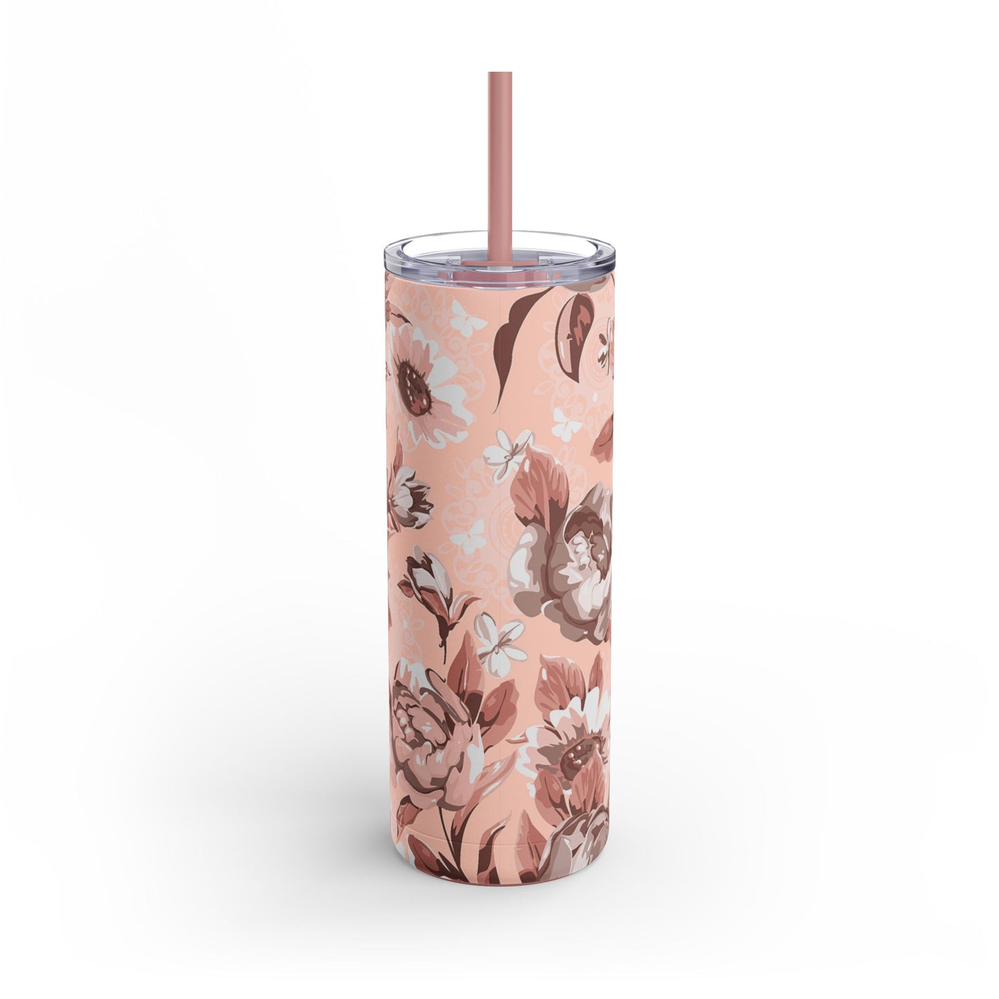 Pink floral tumbler with straw