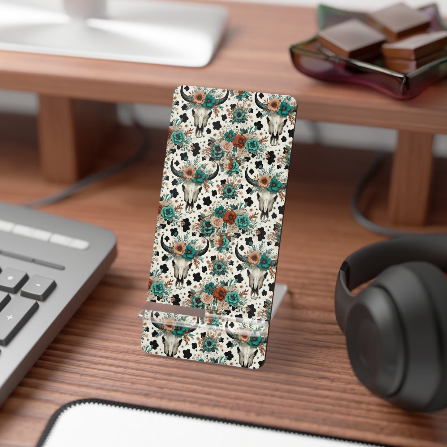 Steer skull & flowers phone stand